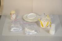 paper plates, dishes, cutlery etc